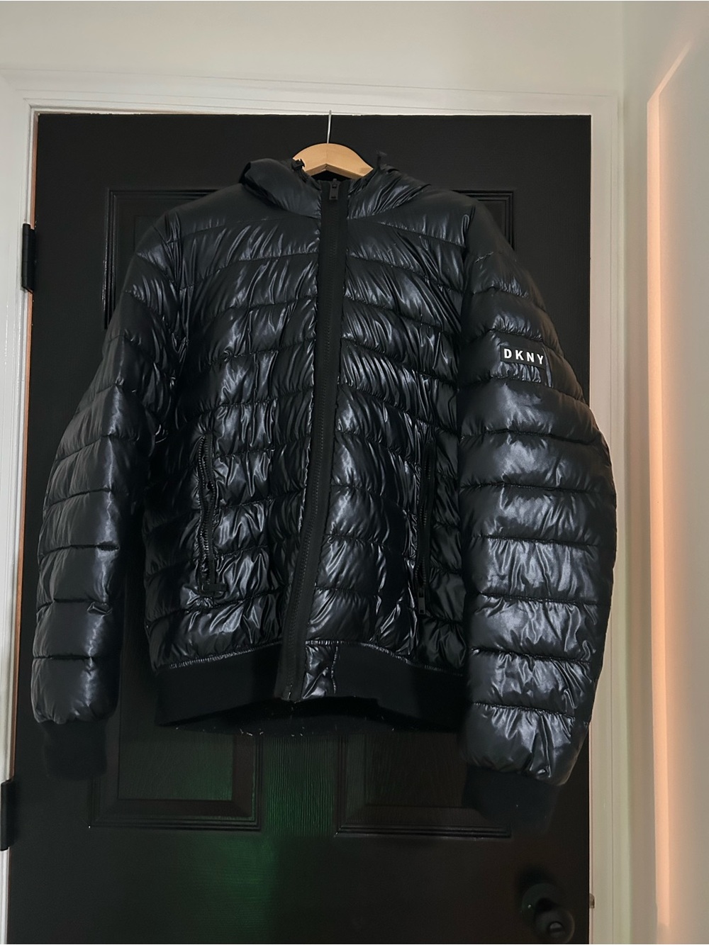DKNY Men's Black Shiny Quilted Hooded Puffer Jacket